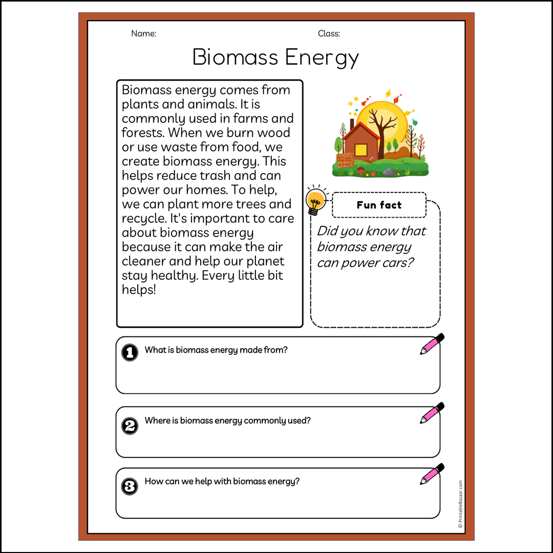 Biomass Energy | Reading Passage Comprehension Questions Writing Facts Worksheet