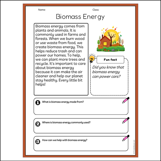 Biomass Energy | Reading Passage Comprehension Questions Writing Facts Worksheet