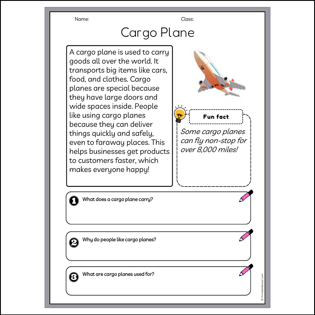 Cargo Plane | Reading Passage Comprehension Questions Writing Facts Worksheet