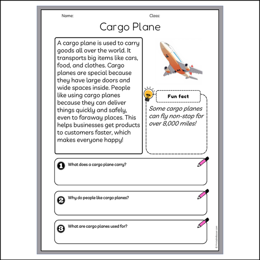 Cargo Plane | Reading Passage Comprehension Questions Writing Facts Worksheet