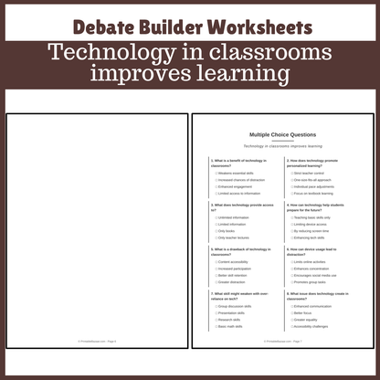 Technology in classrooms improves learning | Favour and Against Worksheet Printable Activity