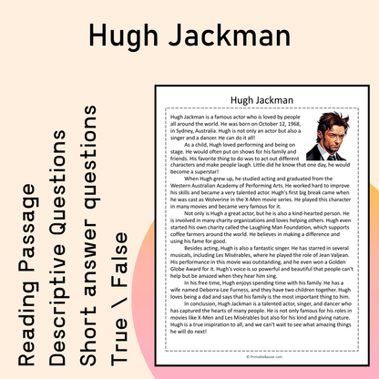 Hugh Jackman | Reading Comprehension Passage Printable Activity