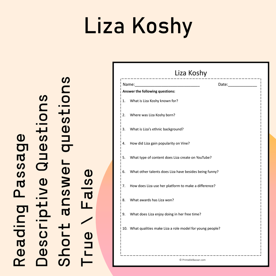 Liza Koshy | Reading Comprehension Passage Printable Activity