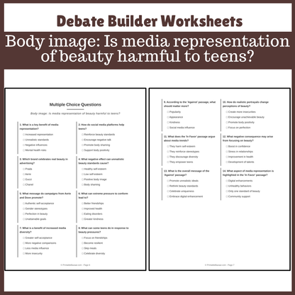 Body image: Is media representation of beauty harmful to teens? | Favour and Against Worksheet Printable Activity