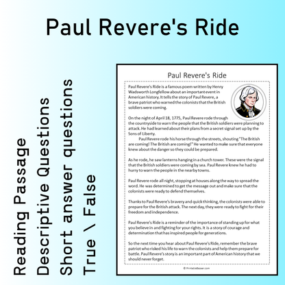 Paul Revere's Ride | Reading Comprehension Passage Printable Worksheet