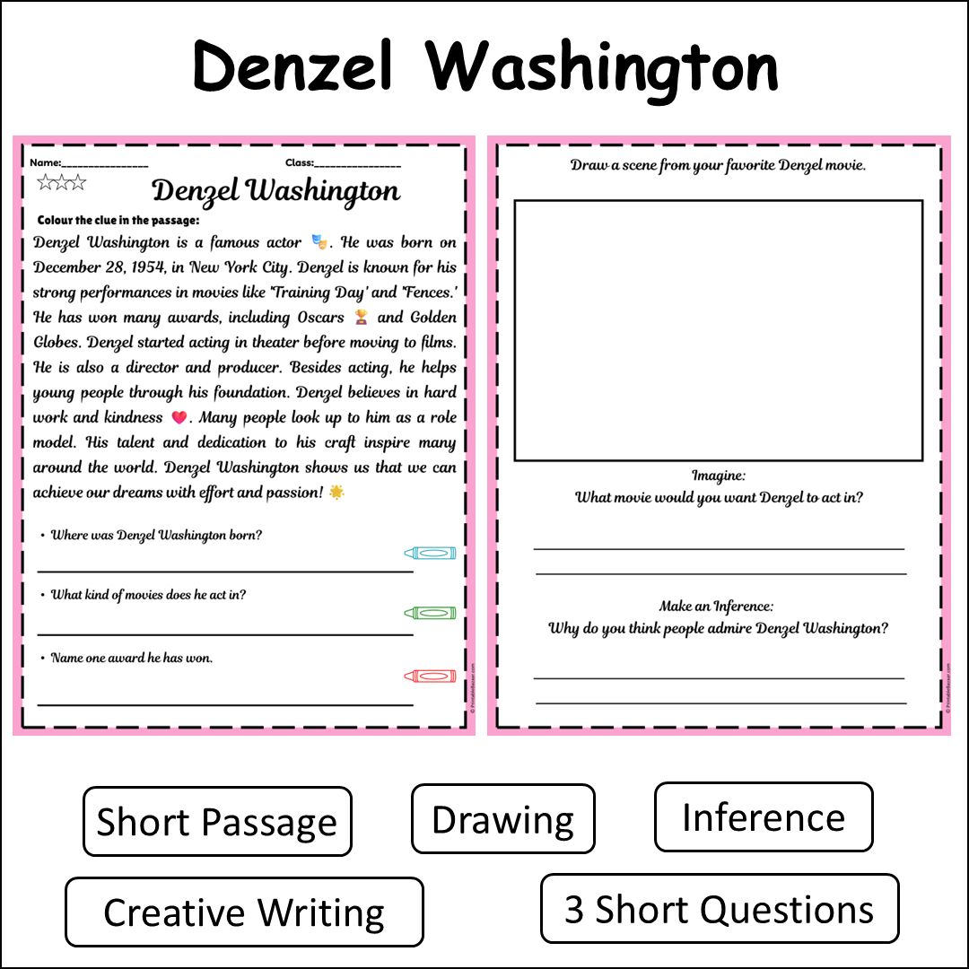 Denzel Washington | Short Reading Comprehension Creative Worksheet