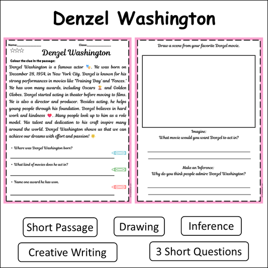 Denzel Washington | Short Reading Comprehension Creative Worksheet