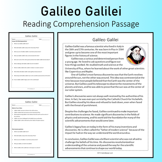 Galileo Galilei | Reading Comprehension Passage Printable Worksheet