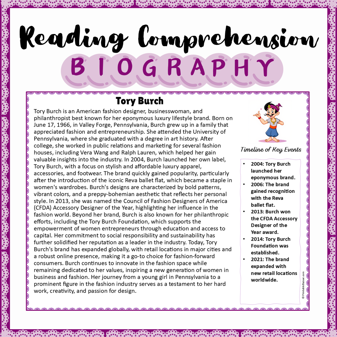 Tory Burch | Biography Reading Comprehension and Questions Worksheet