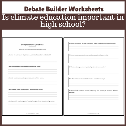 Is climate education important in high school? | Favour and Against Worksheet Printable Activity