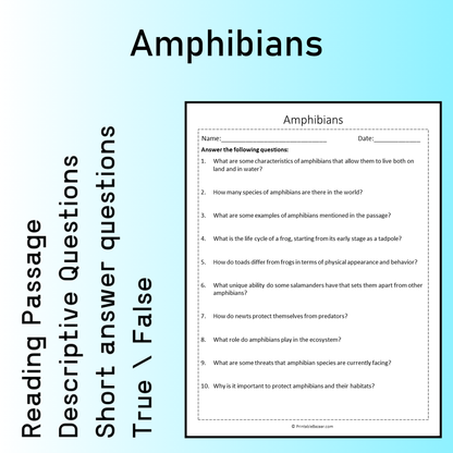 Amphibians | Reading Comprehension Passage Printable Worksheet