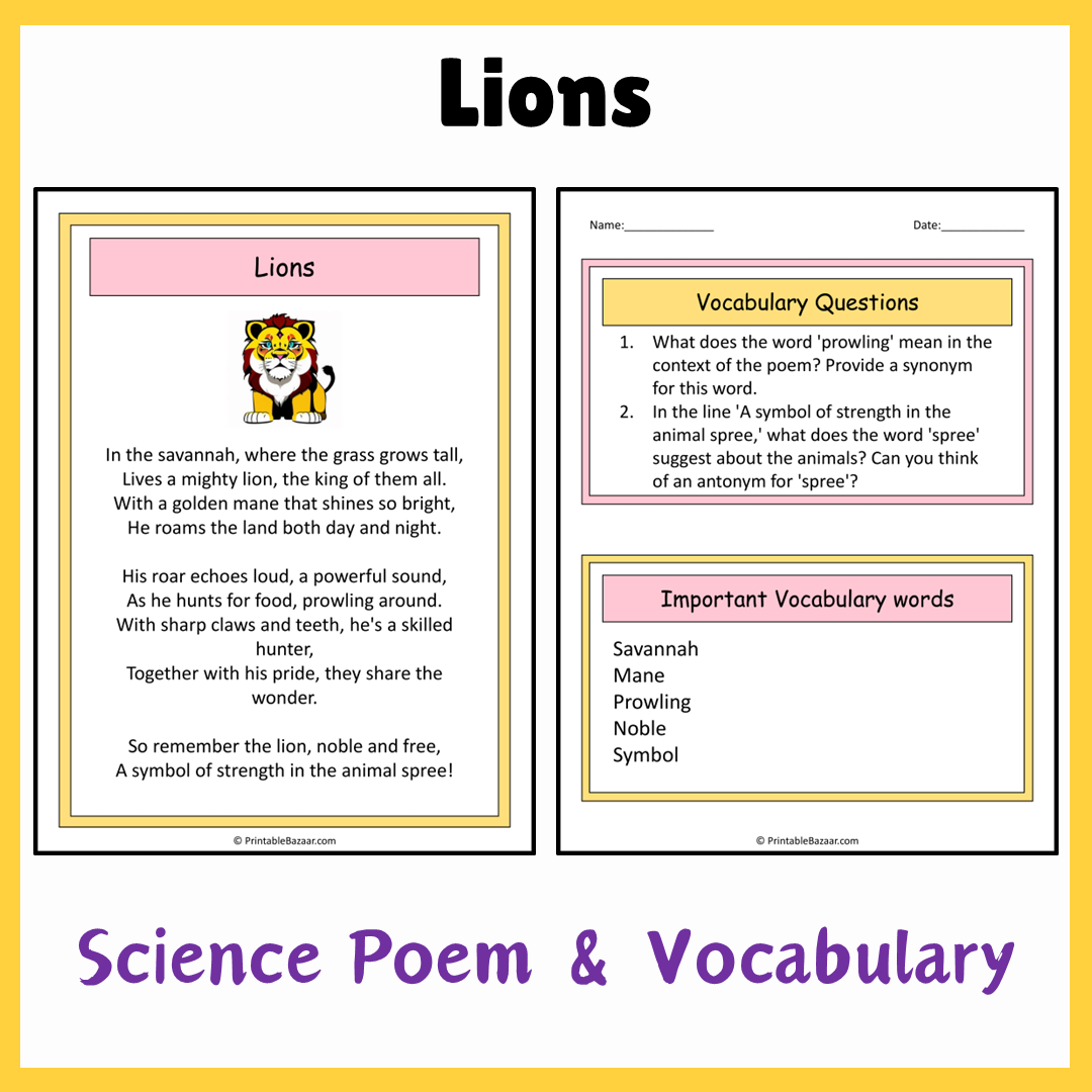 Lions | Science Poem Reading Comprehension Activity