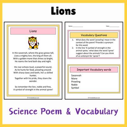 Lions | Science Poem Reading Comprehension Activity