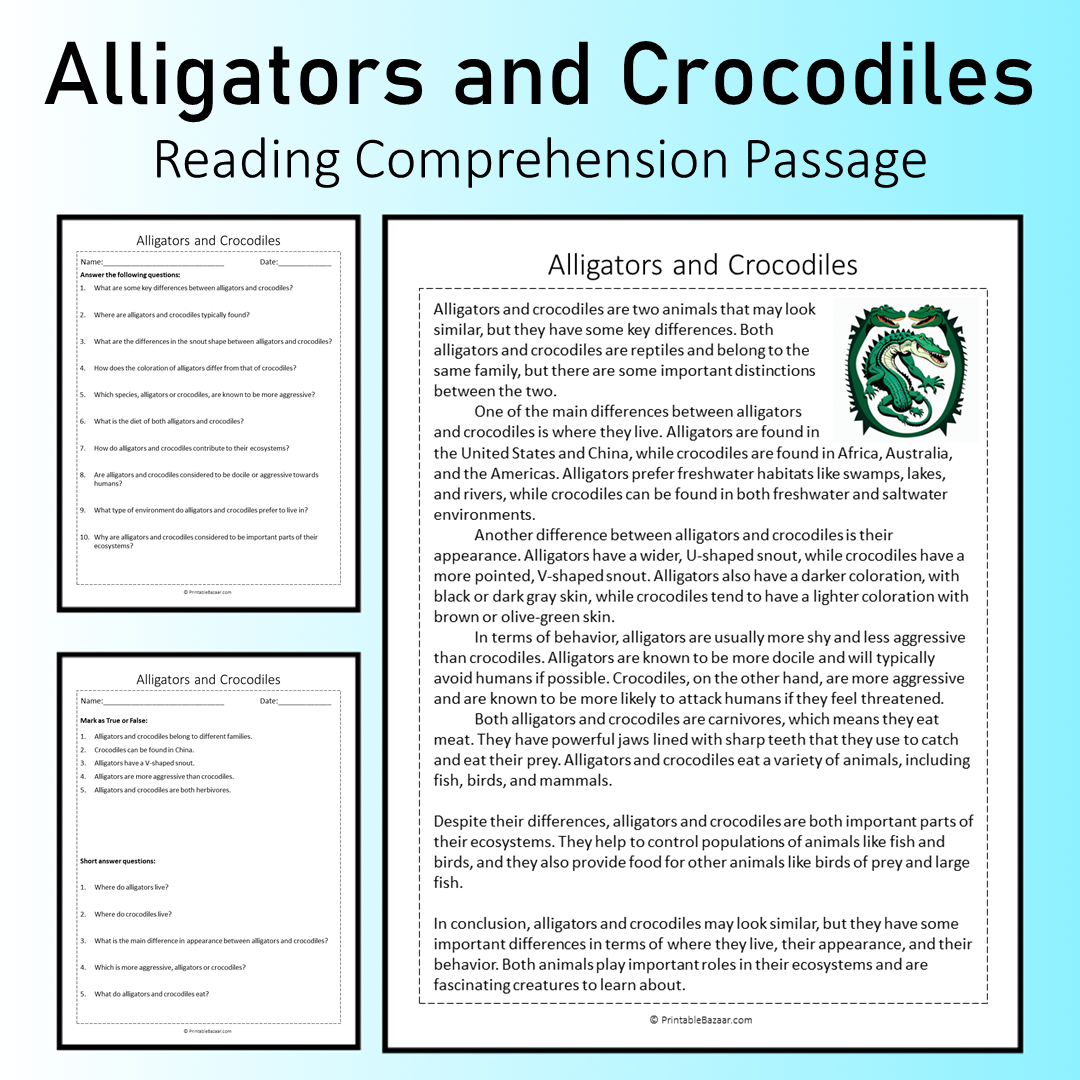 Alligators and Crocodiles | Reading Comprehension Passage Printable Worksheet