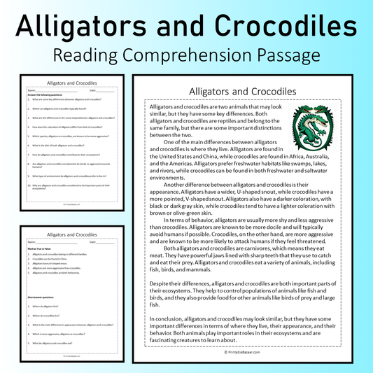 Alligators and Crocodiles | Reading Comprehension Passage Printable Worksheet