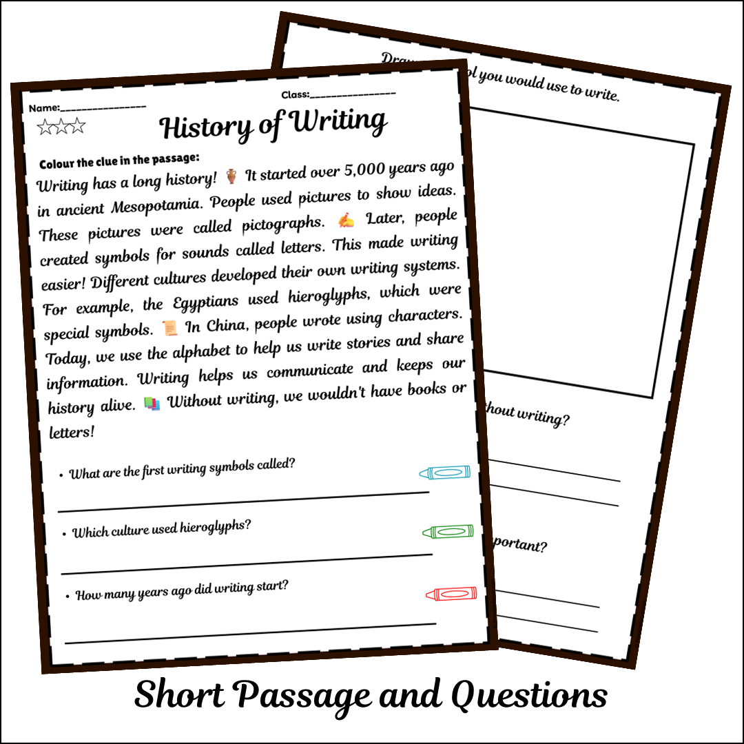 History of Writing | Short Reading Comprehension Creative Worksheet