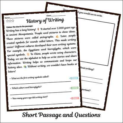 History of Writing | Short Reading Comprehension Creative Worksheet