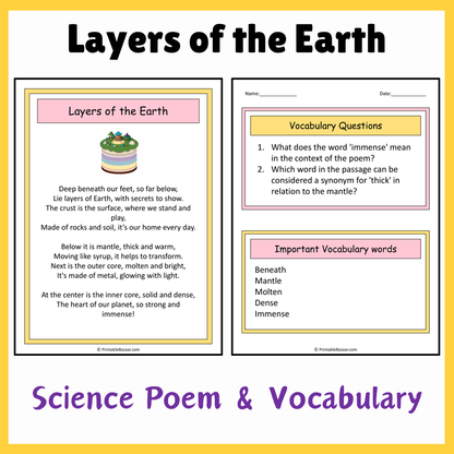 Layers of the Earth | Science Poem Reading Comprehension Activity