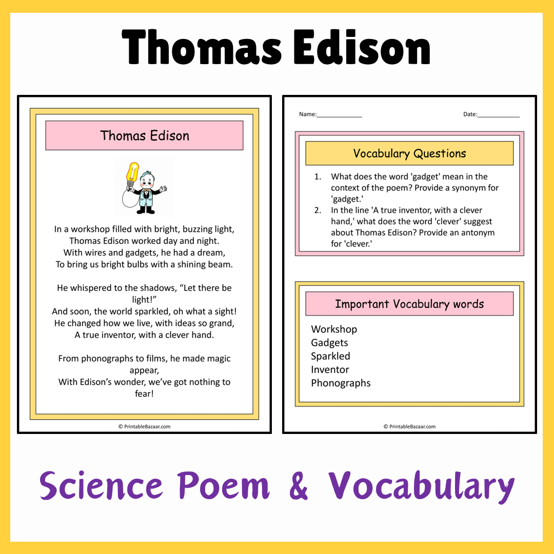 Thomas Edison | Science Poem Reading Comprehension Activity