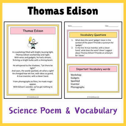 Thomas Edison | Science Poem Reading Comprehension Activity