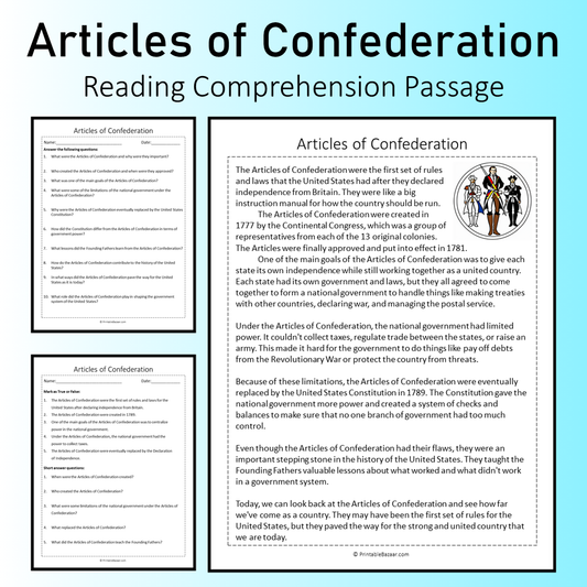 Articles of Confederation | Reading Comprehension Passage Printable Worksheet