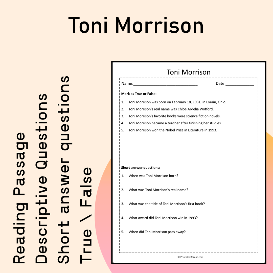 Toni Morrison | Reading Comprehension Passage Printable Activity