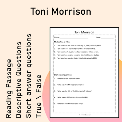 Toni Morrison | Reading Comprehension Passage Printable Activity