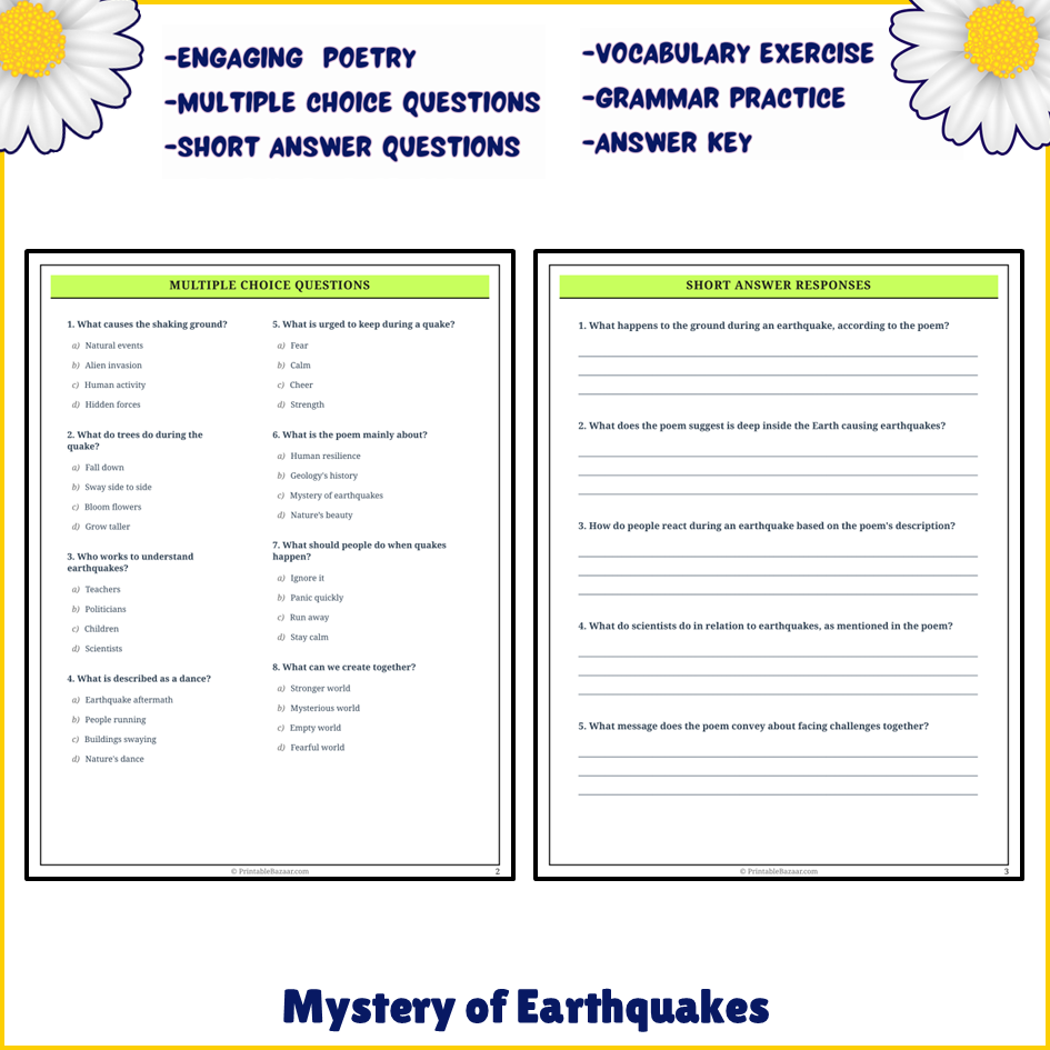 Mystery of Earthquakes | Poem Grammar Worksheet Printable Activity