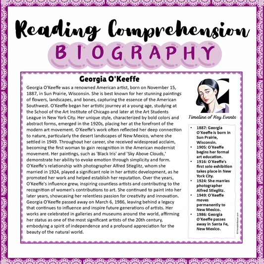 Georgia O'Keeffe | Biography Reading Comprehension and Questions Worksheet