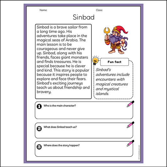 Sinbad | Reading Passage Comprehension Questions Writing Facts Worksheet