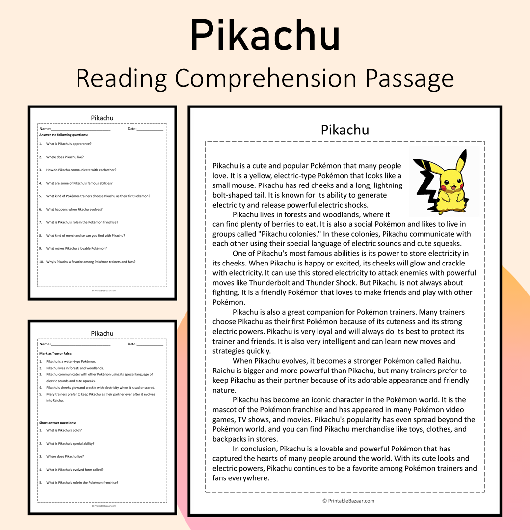 Pikachu | Reading Comprehension Passage Printable Activity