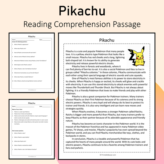 Pikachu | Reading Comprehension Passage Printable Activity