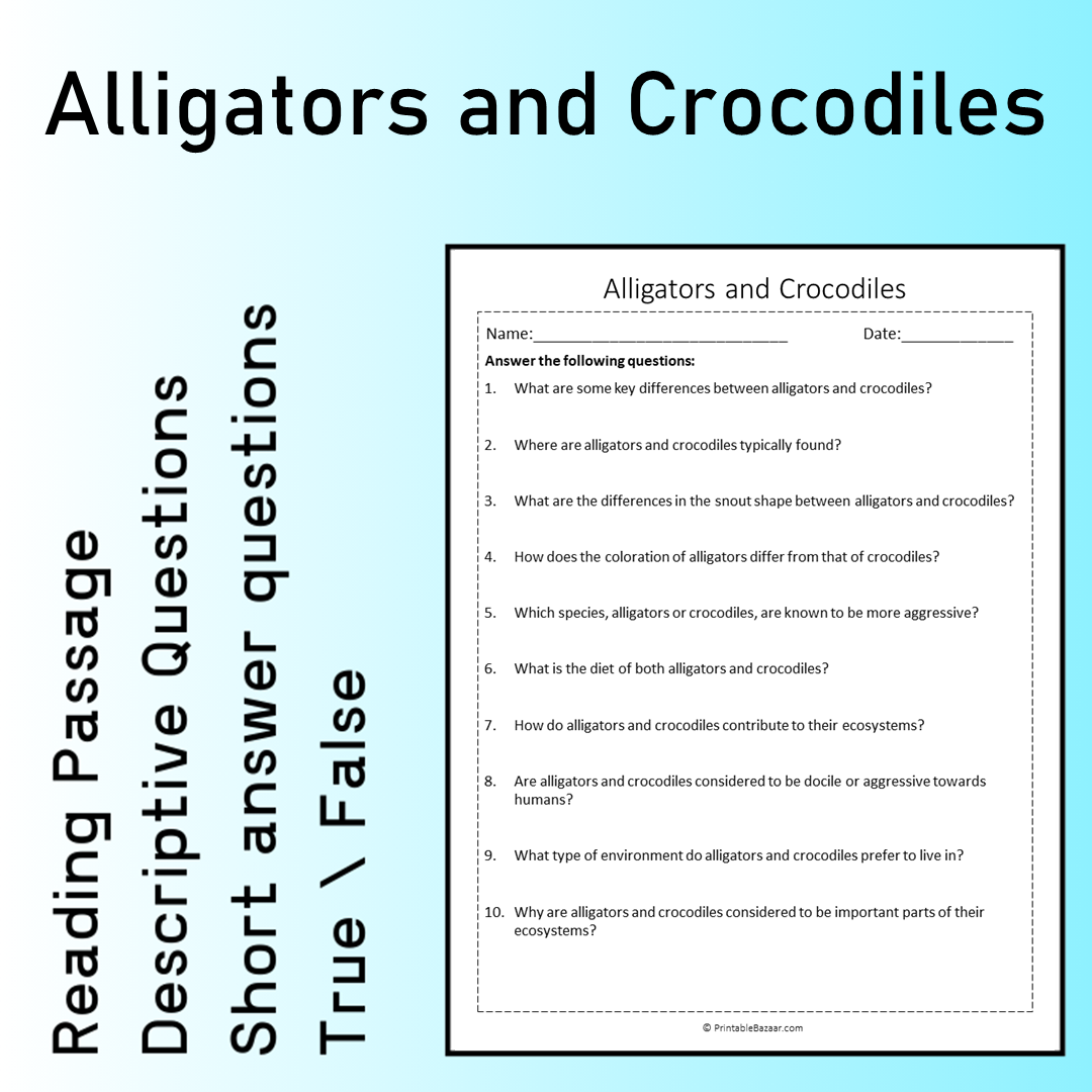 Alligators and Crocodiles | Reading Comprehension Passage Printable Worksheet