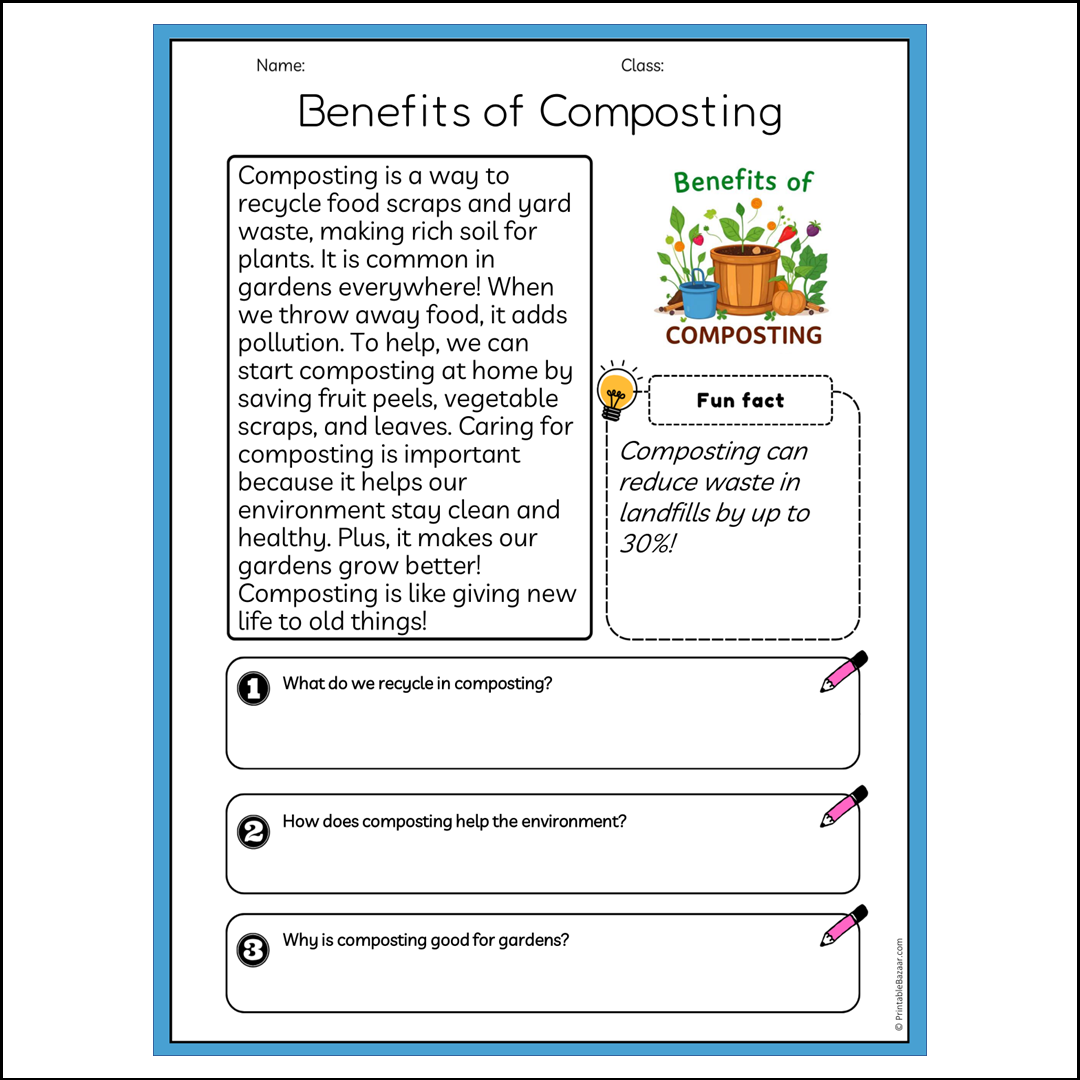 Benefits of Composting | Reading Passage Comprehension Questions Writing Facts Worksheet