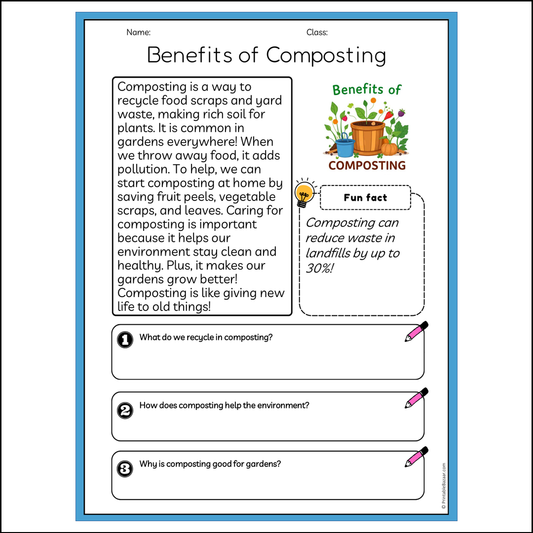 Benefits of Composting | Reading Passage Comprehension Questions Writing Facts Worksheet