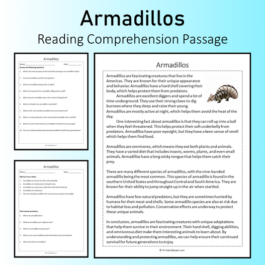 Armadillos | Reading Comprehension Passage Printable Worksheet