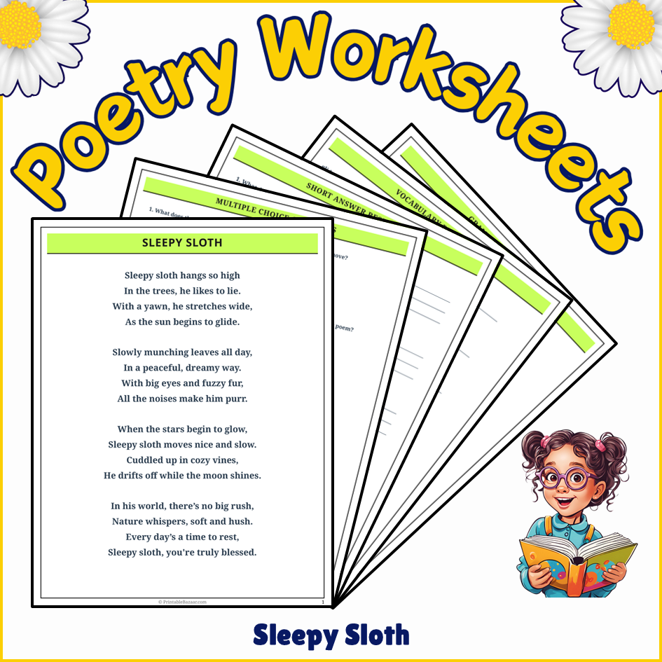 Sleepy Sloth | Poem Grammar Worksheet Printable Activity