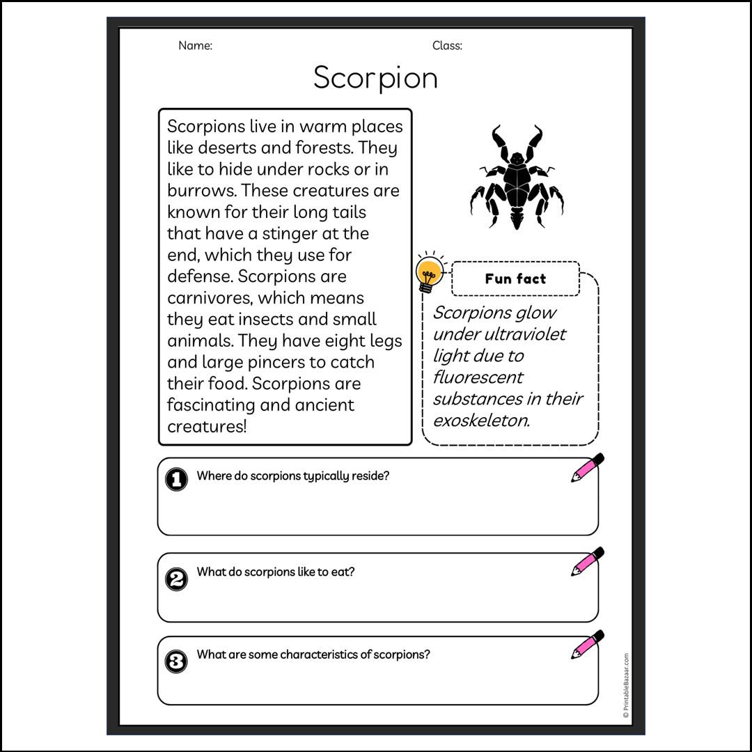 Scorpion | Reading Passage Comprehension Questions Writing Facts Worksheet