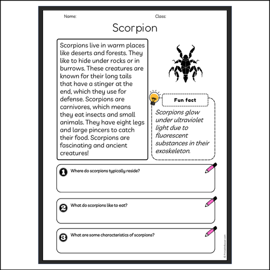 Scorpion | Reading Passage Comprehension Questions Writing Facts Worksheet