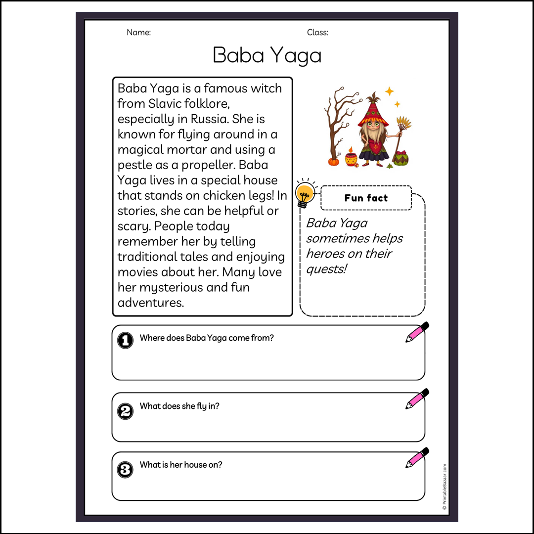 Baba Yaga | Reading Passage Comprehension Questions Writing Facts Worksheet