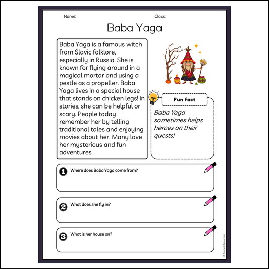 Baba Yaga | Reading Passage Comprehension Questions Writing Facts Worksheet