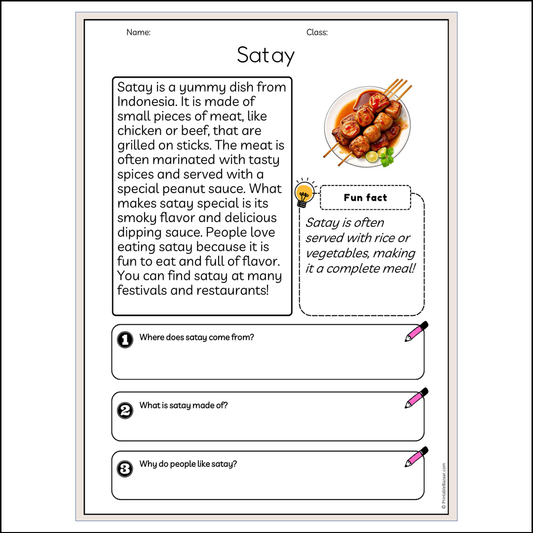 Satay | Reading Passage Comprehension Questions Writing Facts Worksheet