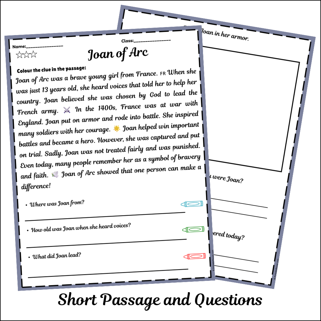 Joan of Arc | Short Reading Comprehension Creative Worksheet