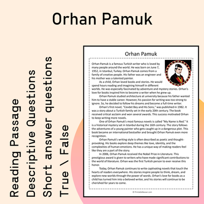 Orhan Pamuk | Reading Comprehension Passage Printable Activity