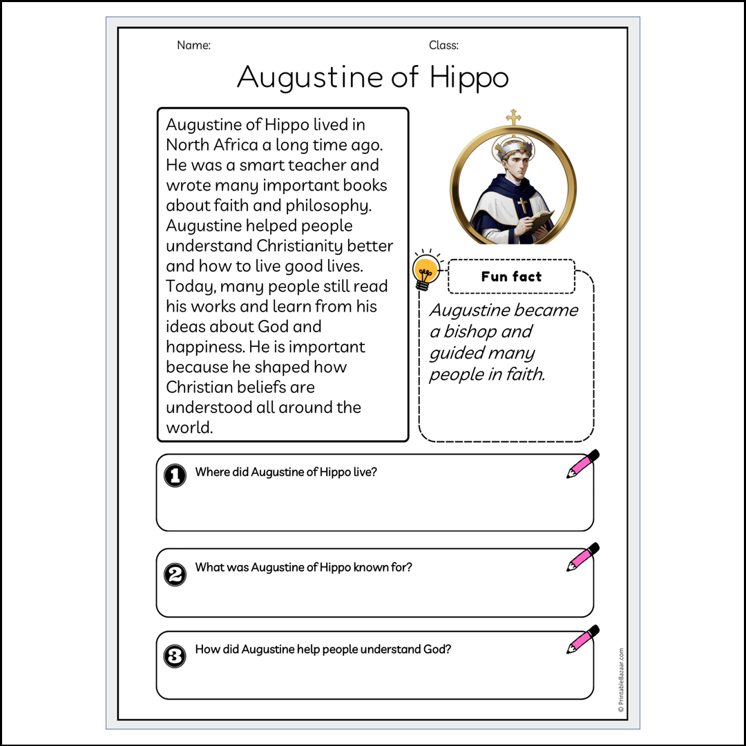 Augustine of Hippo | Reading Passage Comprehension Questions Writing Facts Worksheet