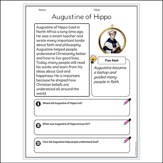 Augustine of Hippo | Reading Passage Comprehension Questions Writing Facts Worksheet