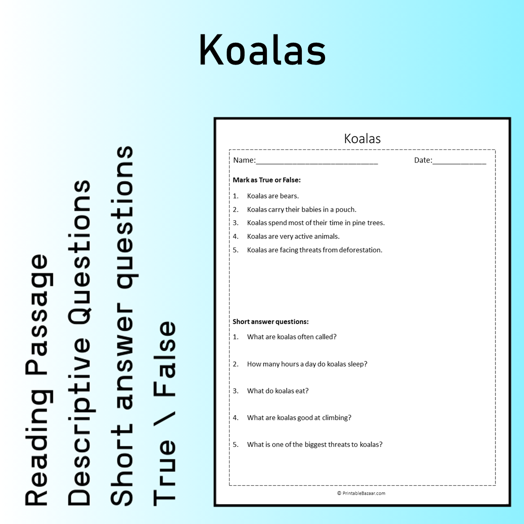 Koalas | Reading Comprehension Passage Printable Worksheet