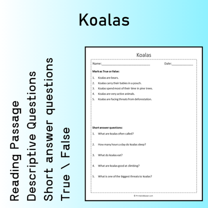 Koalas | Reading Comprehension Passage Printable Worksheet