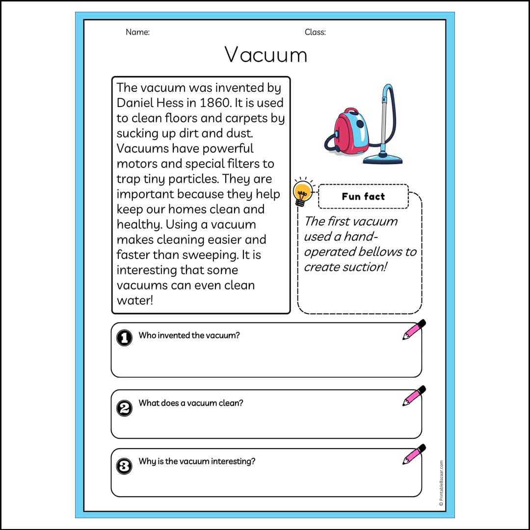 Vacuum | Reading Passage Comprehension Questions Writing Facts Worksheet