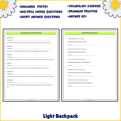 Light Backpack | Poem Grammar Worksheet Printable Activity